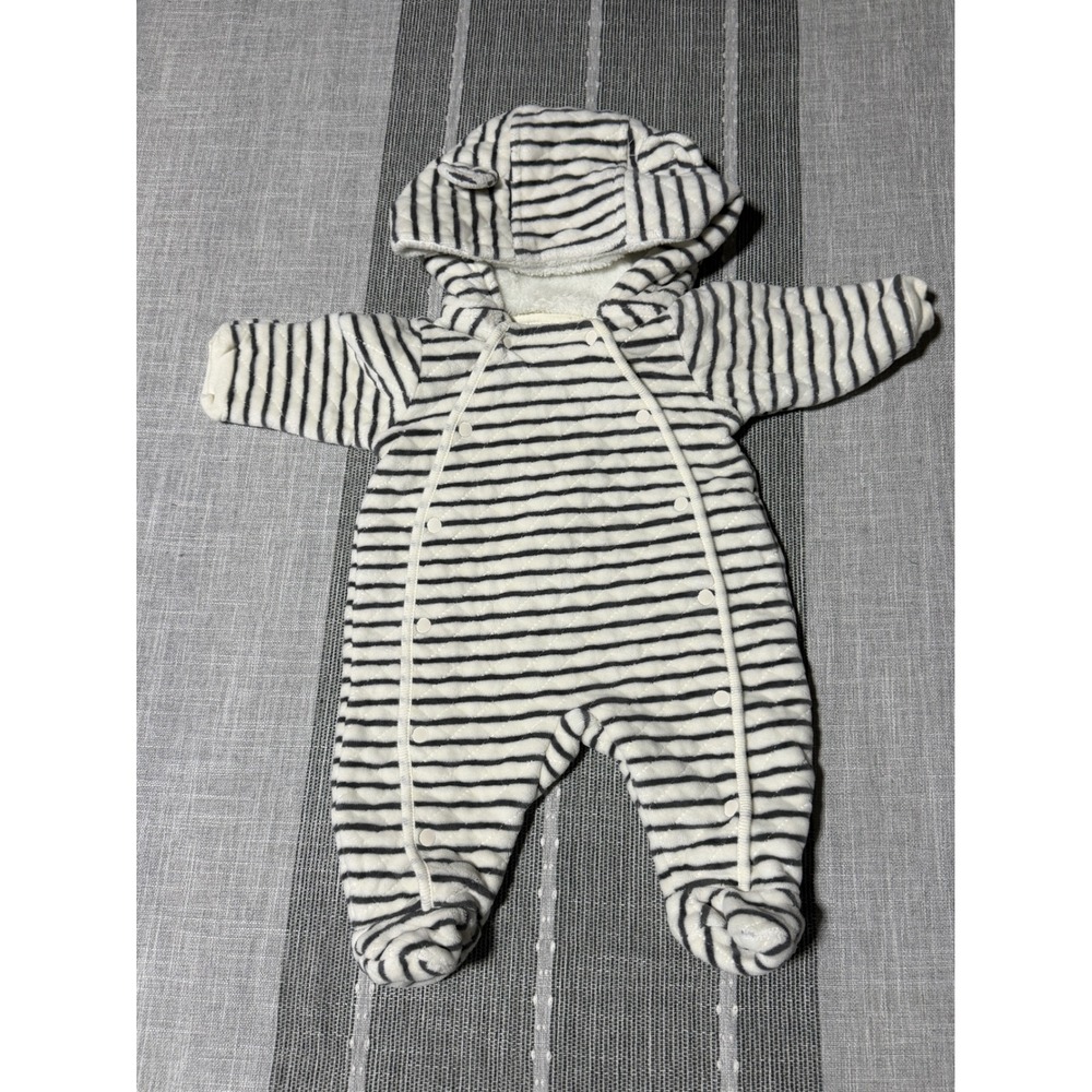 Nordstrom Baby Striped Quilted Hooded Pram Suit One Piece Navy White 3 Months